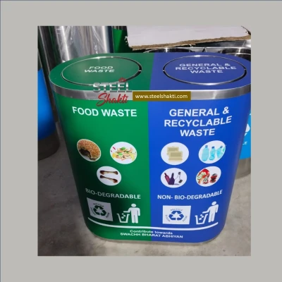 Dual Compartment Dustbin | SS 304 Steel | Dry & Wet Waste Segregation - View 2 | Steel Shakti Fabrication