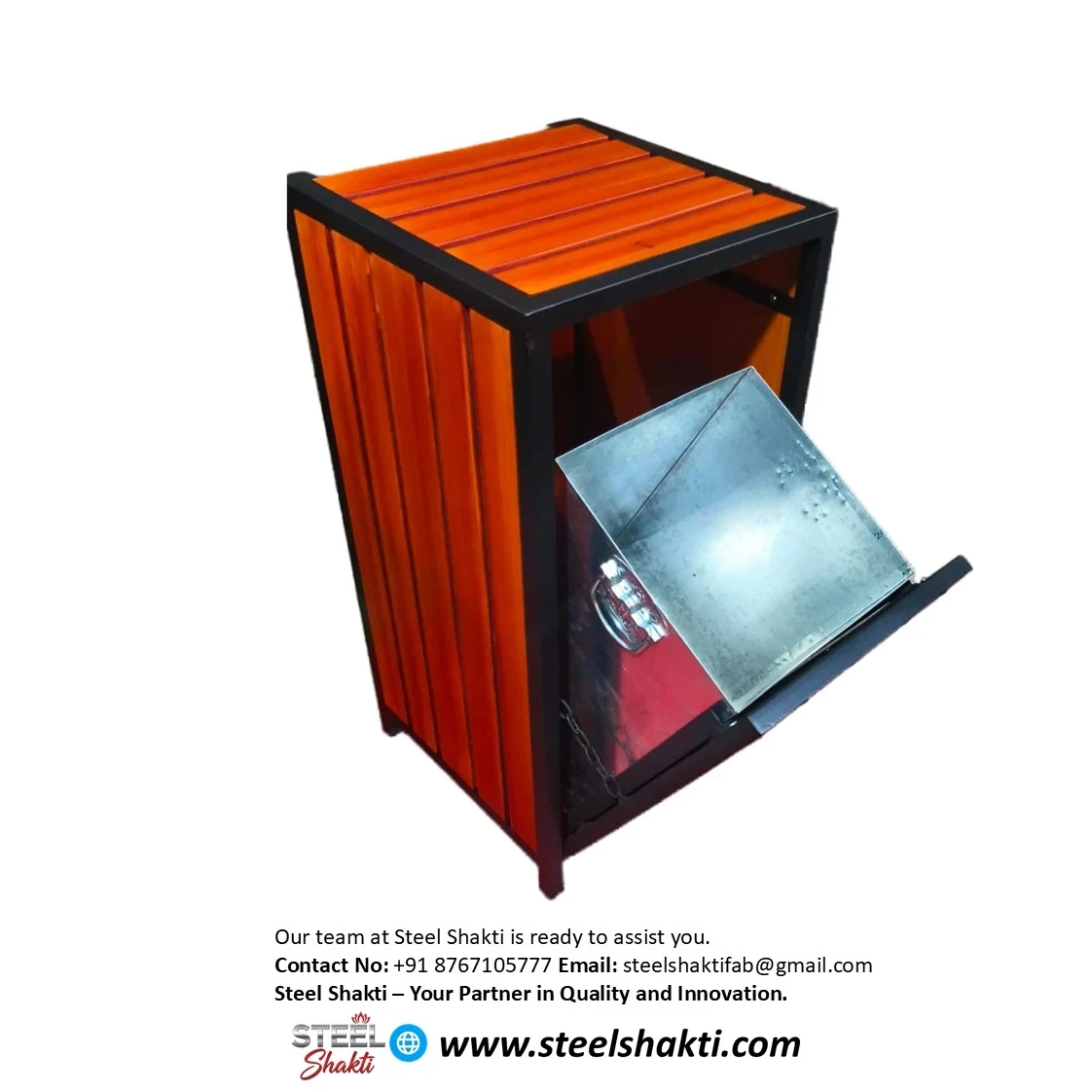 Modern Square Dustbin with Wooden Legs-Luxury Corporate Edition - Square SS Dustbins | Steel Shakti Fabrication